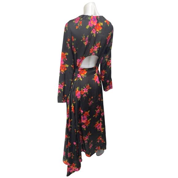 Asos Black Pink Floral Long Sleeve Cutout Back Tie Waist A Line Midi Dress Sz 6 - Picture 2 of 5